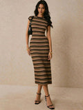 Earth tone chevron sleeveless knit midi dress front view