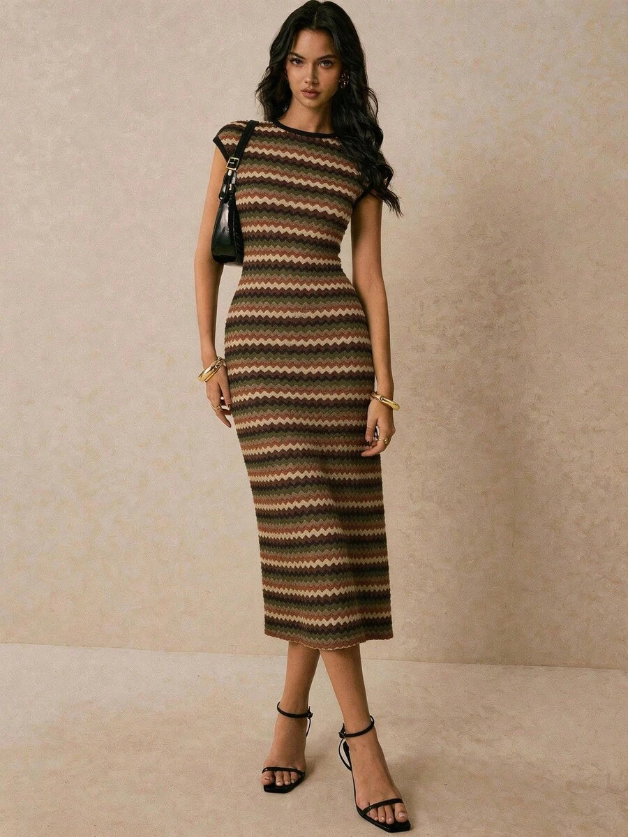 Earth tone chevron sleeveless knit midi dress front view