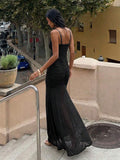 42 media show strappy mesh maxi dress in solids and prints with deep plunge V, front bead connector, ruffle trim, ruched bodice and hips, thigh slit, sheer flared lower skirt, low straight back, adjustable spaghetti straps. image 12