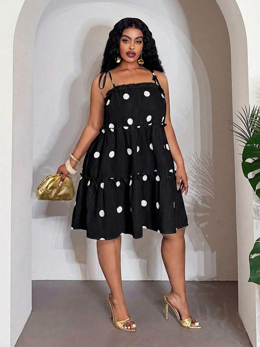 Side view of stylish plus-size polka dot a-line dress for spring & summer festivals, casual outings, and beach vacations with summer styling for summer casual wear