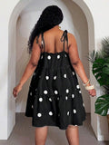 Close-up view of stylish plus-size polka dot a-line dress for spring & summer festivals, casual outings, and beach vacations with summer styling for summer casual wear