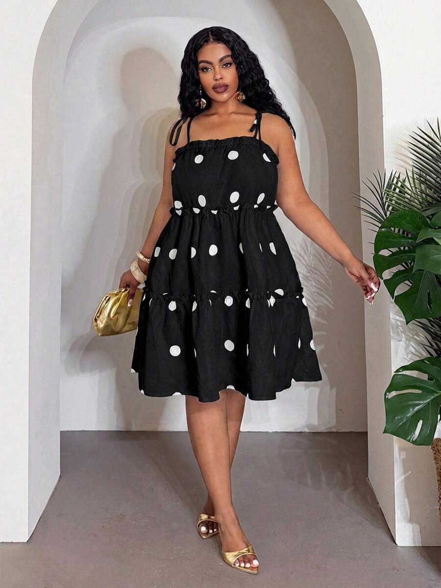 Close-up view of stylish plus-size polka dot a-line dress for spring & summer festivals, casual outings, and beach vacations with summer styling for summer casual wear
