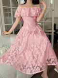 Dusty pink floral lace-style off-shoulder ruffle midi dress on model