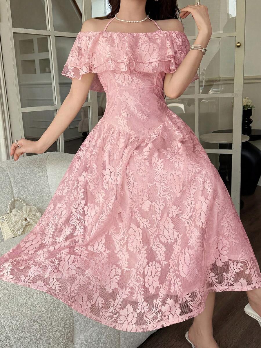Dusty pink floral lace-style off-shoulder ruffle midi dress on model