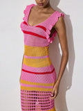Women's Colorblock Ruffle V-Neck Sweater Dress - Perfect for Summer Beach Vacations 