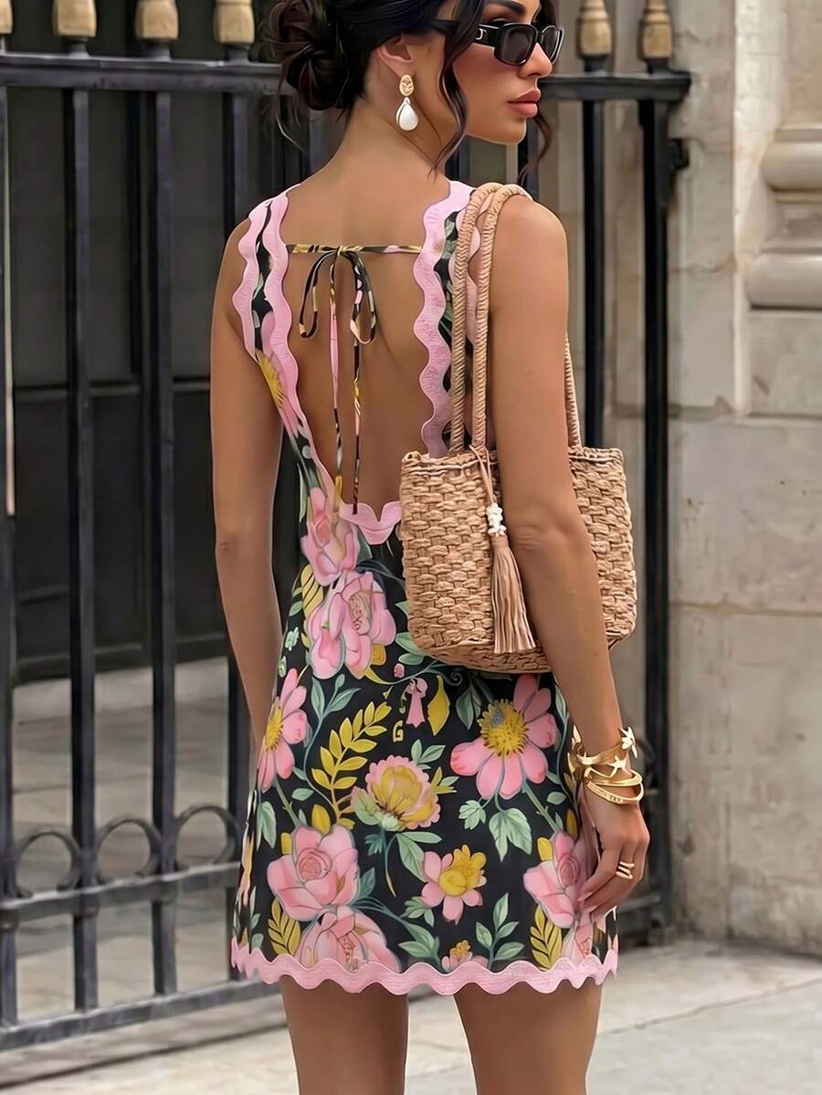 Side view of sleeveless floral dress for beach outings