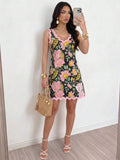 Casual styling view of floral mini dress for sunny days