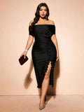 Back view of Elegant Plus Size Burgundy Off-Shoulder Formal Dress with 3D Rose Details and Ruffle Hem in Black color