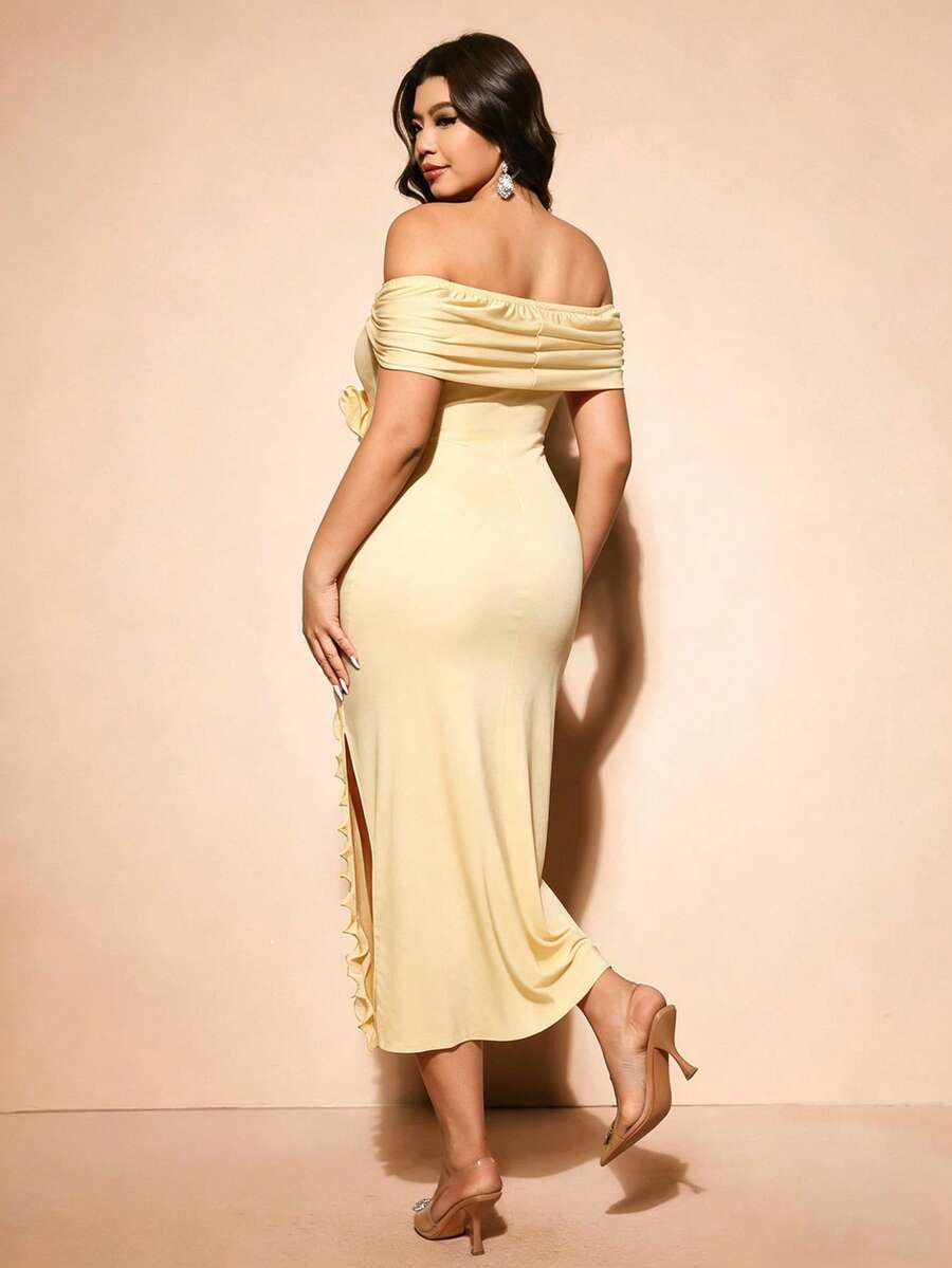 Back view of Elegant Plus Size Burgundy Off-Shoulder Formal Dress with 3D Rose Details and Ruffle Hem in Apricot color