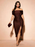 Front view of Elegant Plus Size Burgundy Off-Shoulder Formal Dress with 3D Rose Details and Ruffle Hem in Mocha Brown color