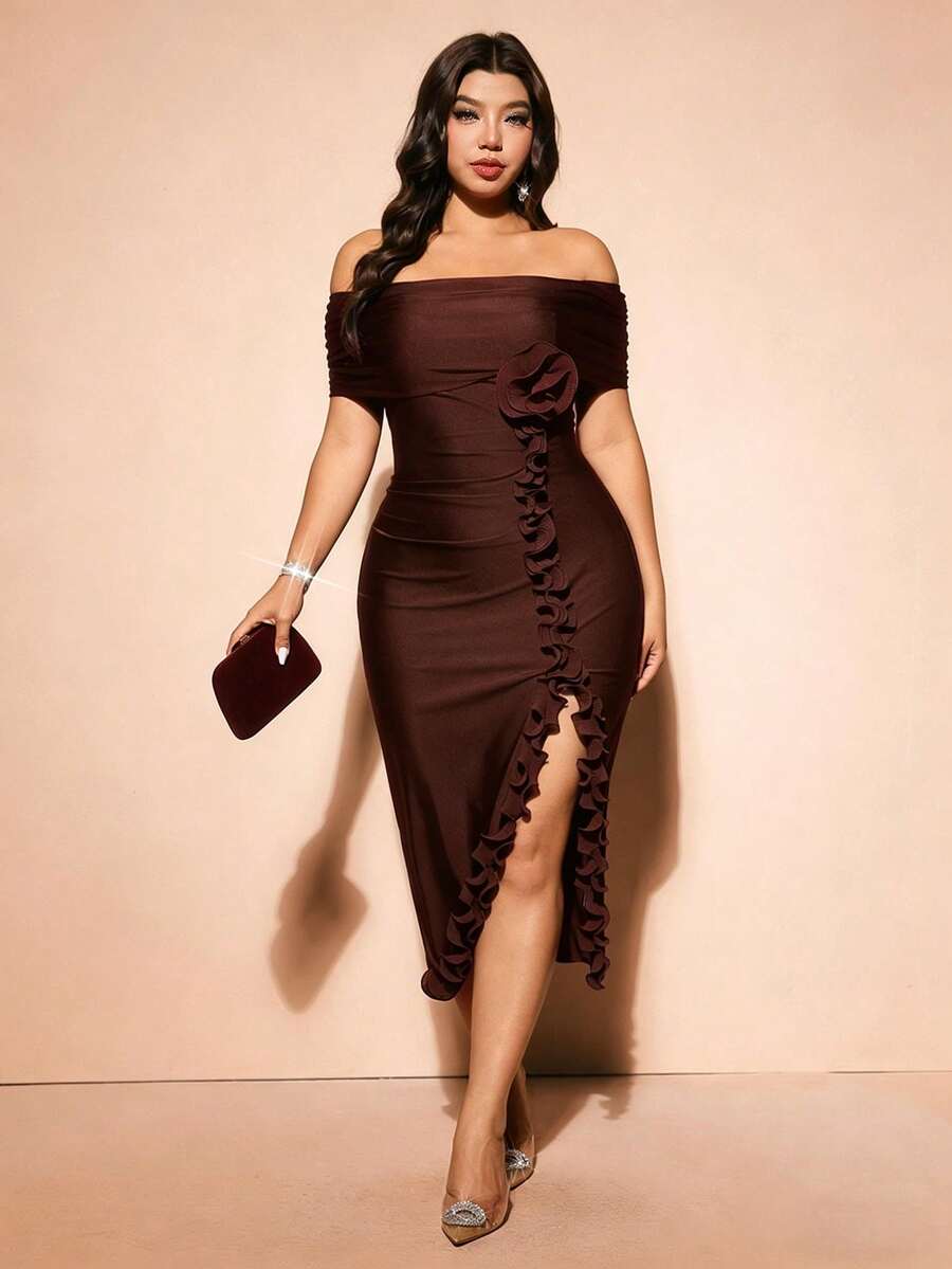Front view of Elegant Plus Size Burgundy Off-Shoulder Formal Dress with 3D Rose Details and Ruffle Hem in Mocha Brown color
