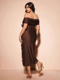 Side profile of Elegant Plus Size Burgundy Off-Shoulder Formal Dress with 3D Rose Details and Ruffle Hem in Mocha Brown color