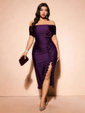 Back view of Elegant Plus Size Burgundy Off-Shoulder Formal Dress with 3D Rose Details and Ruffle Hem in Purple color