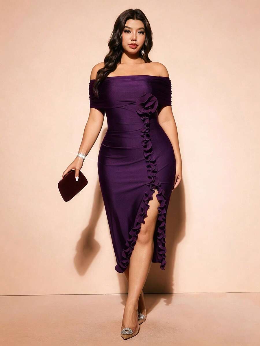 Back view of Elegant Plus Size Burgundy Off-Shoulder Formal Dress with 3D Rose Details and Ruffle Hem in Purple color