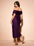 Side profile of Elegant Plus Size Burgundy Off-Shoulder Formal Dress with 3D Rose Details and Ruffle Hem in Purple color