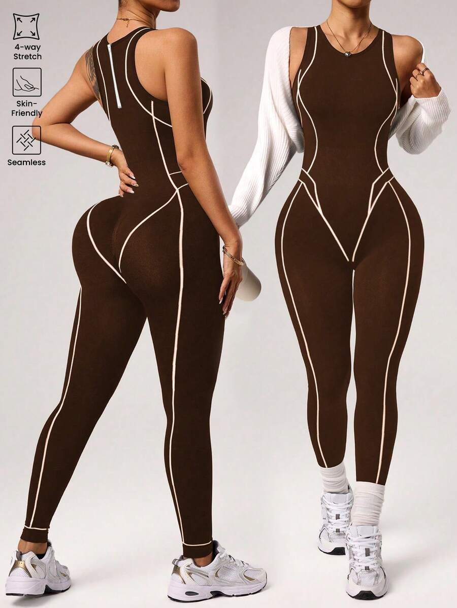 seamless sleeveless full length sports jumpsuit with high neck back zipper and contrast contour piping image 14