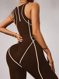 seamless sleeveless full length sports jumpsuit with high neck back zipper and contrast contour piping image 16