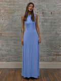 Front view of Elegant Round Neck Drop Armhole Maxi Dress for Women - Perfect for Graduation, Weddings, and Beach Vacations for women styling