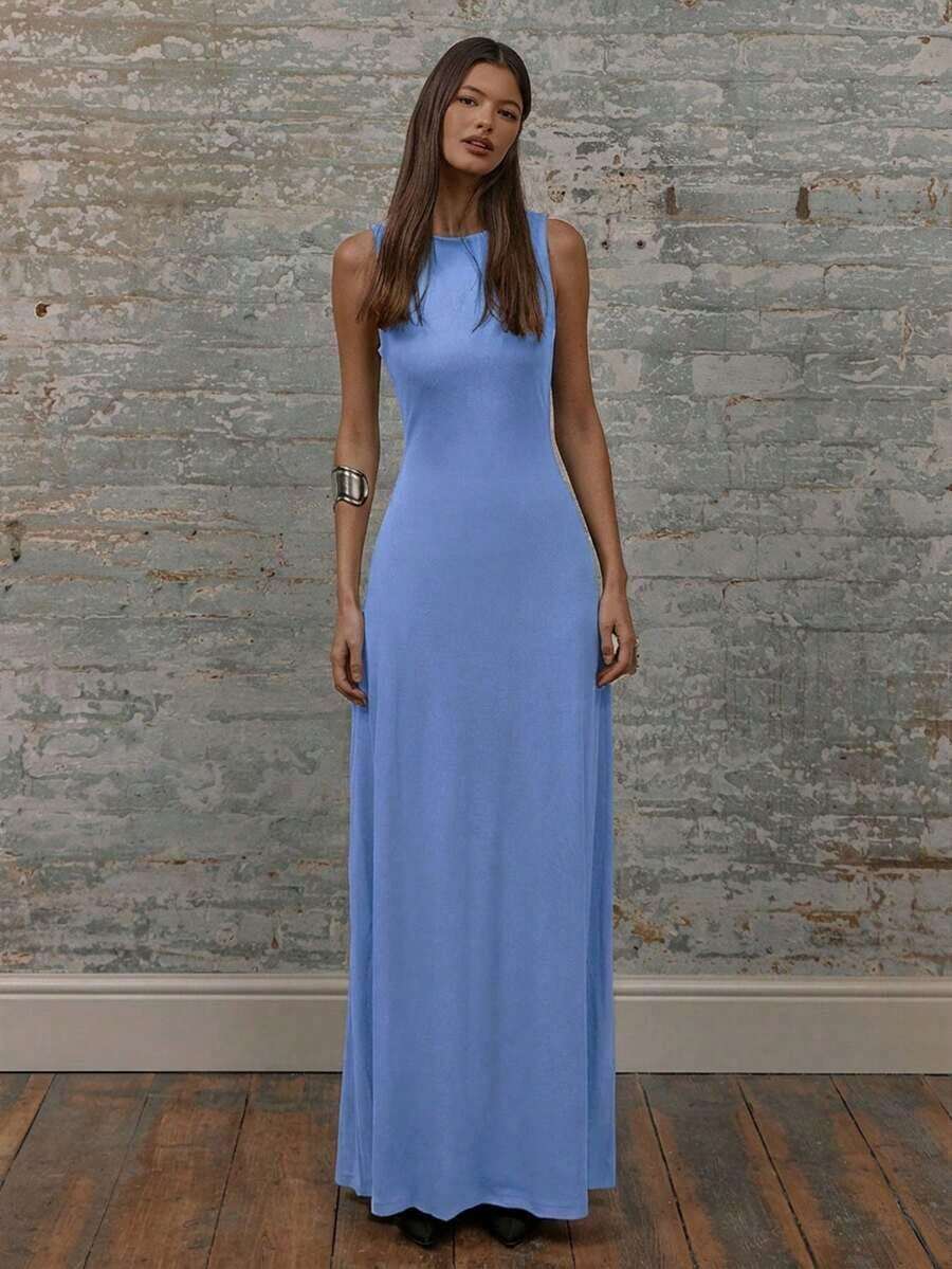 Front view of Elegant Round Neck Drop Armhole Maxi Dress for Women - Perfect for Graduation, Weddings, and Beach Vacations for women styling