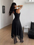 Rear view of black sleeveless lace dress with fitted back and flowing uneven hem