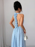 Blue backless A-line dress view 2
