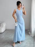 Blue backless A-line dress view 4