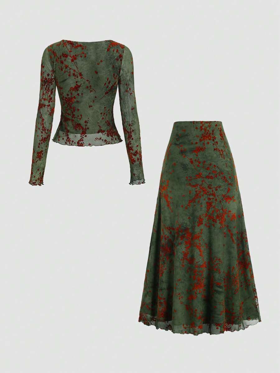 Front view of moss green mesh top and floral ruffle hem skirt set