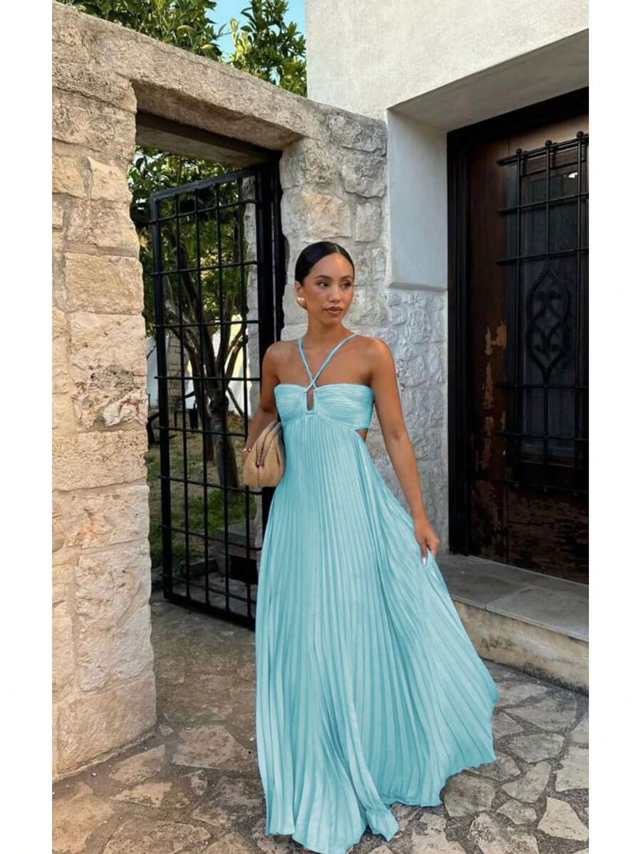 Image 1 - front view of Elegant Women's Pleated Halter Neck Maxi Dress with Crisscross Straps and Cutout Waist for Evening Events