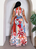 Side view of tropical rainforest plus size maxi dress for elegant spring/summer vacations and everyday chic with summer styling for summer casual wear