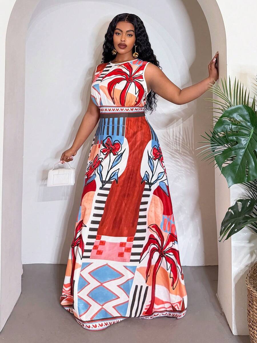 Front view of tropical rainforest plus size maxi dress for elegant spring/summer vacations and everyday chic with summer styling for summer casual wear