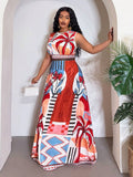 Back view of tropical rainforest plus size maxi dress for elegant spring/summer vacations and everyday chic with summer styling for summer casual wear
