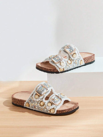 White twin buckle cork footbed sandals with rhinestone and pearl straps
