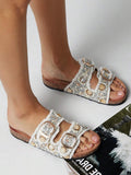 Open toe cork sandals shown on model with glam boho styling