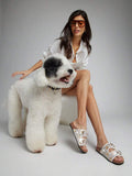 Comfortable twin buckle sandals with jeweled straps and flat platform