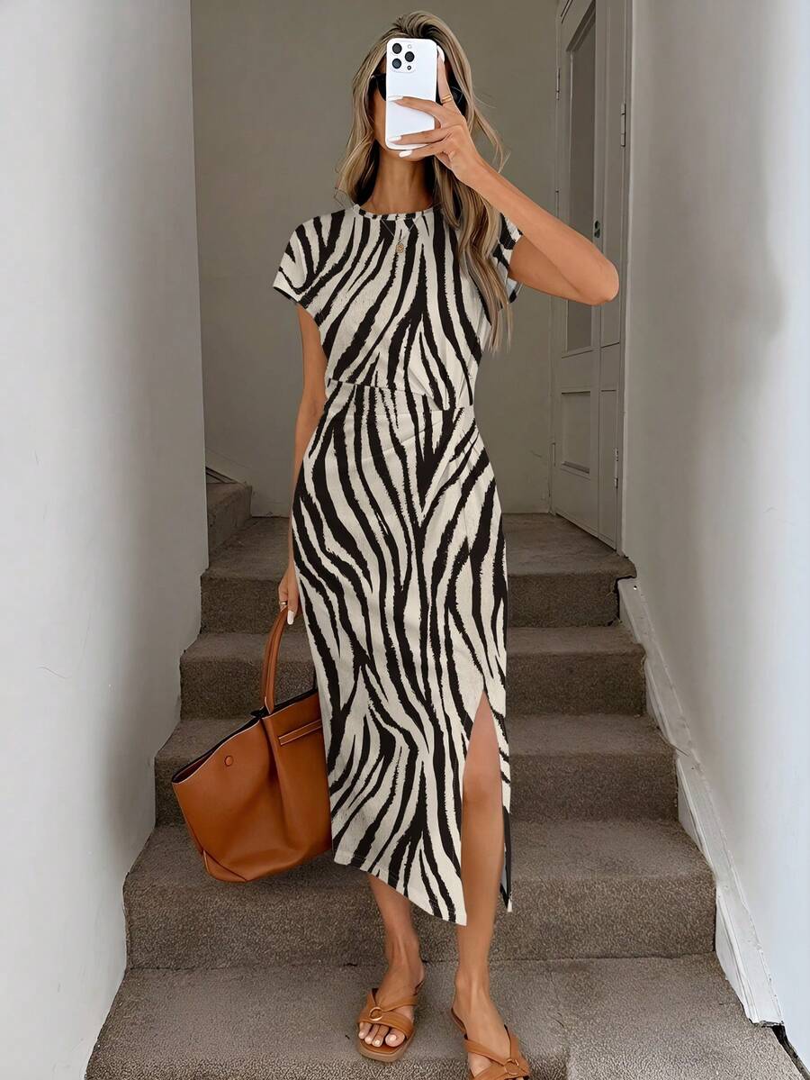 Image 10 - product view of Elegant Navy Blue Striped Midi Dress for Women - Casual Nautical Style with High Slit and Twist Waist