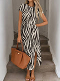 Image 12 - final view of Elegant Navy Blue Striped Midi Dress for Women - Casual Nautical Style with High Slit and Twist Waist