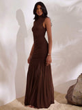 Chocolate brown high neck ruched mesh maxi dress front view