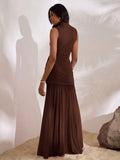 Brown sleeveless mock neck mermaid dress side view