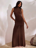 Brown sheer flared mesh maxi dress back view