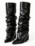 Back view of Punk Goth Mid-Calf Motorcycle Boots with Chunky High Heels - Fashionable Slouched Ruched Style for Women for punk motorcycle boot styling