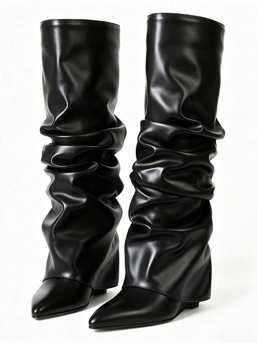 Back view of Punk Goth Mid-Calf Motorcycle Boots with Chunky High Heels - Fashionable Slouched Ruched Style for Women for punk motorcycle boot styling