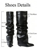 Ruched shaft view of Punk Goth Mid-Calf Motorcycle Boots with Chunky High Heels - Fashionable Slouched Ruched Style for Women for punk motorcycle boot styling
