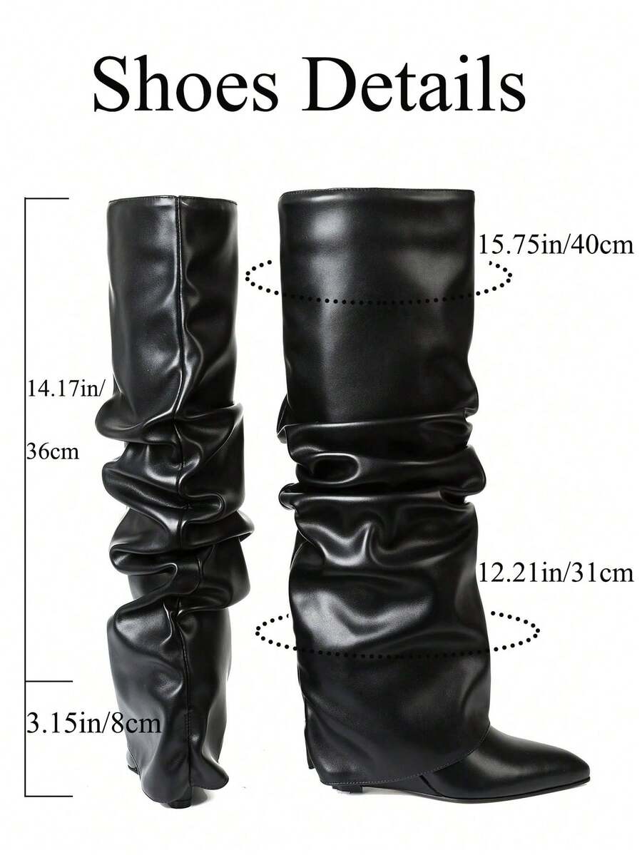 Ruched shaft view of Punk Goth Mid-Calf Motorcycle Boots with Chunky High Heels - Fashionable Slouched Ruched Style for Women for punk motorcycle boot styling
