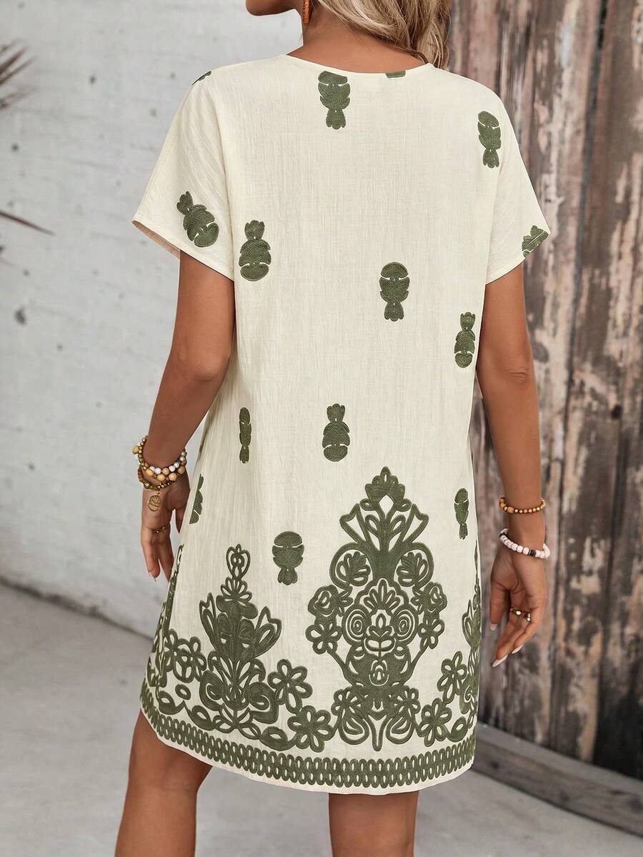 Side view of Boho Chic Women's Summer Mini Dress - Casual Retro Print for Holiday & Daily Wear for women dress styling