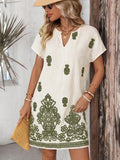 Back view of Boho Chic Women's Summer Mini Dress - Casual Retro Print for Holiday & Daily Wear for women dress styling