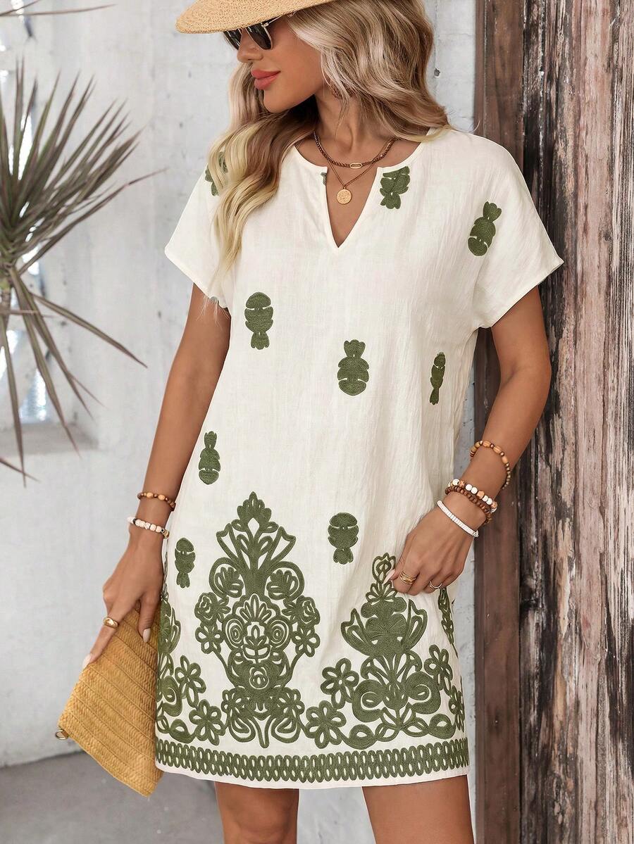 Back view of Boho Chic Women's Summer Mini Dress - Casual Retro Print for Holiday & Daily Wear for women dress styling
