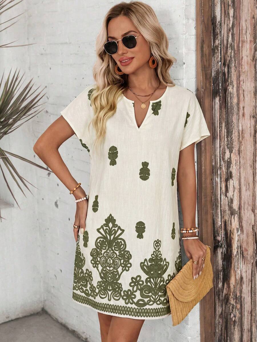 Detail view of Boho Chic Women's Summer Mini Dress - Casual Retro Print for Holiday & Daily Wear for women dress styling