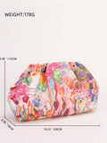 Multicolor printed fabric clutch pouch with size lines showing 26 cm length 15 cm height 6 cm width and 178 g weight