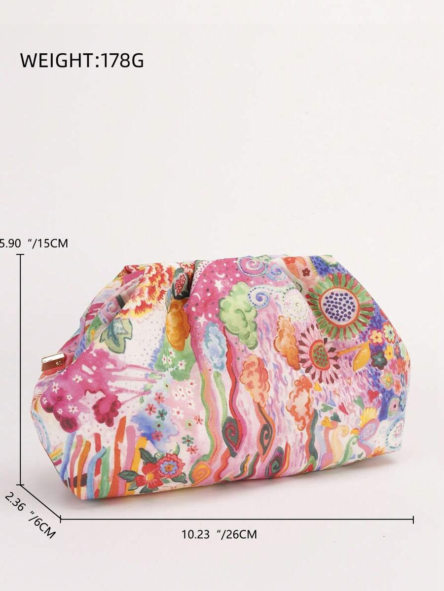 Multicolor printed fabric clutch pouch with size lines showing 26 cm length 15 cm height 6 cm width and 178 g weight