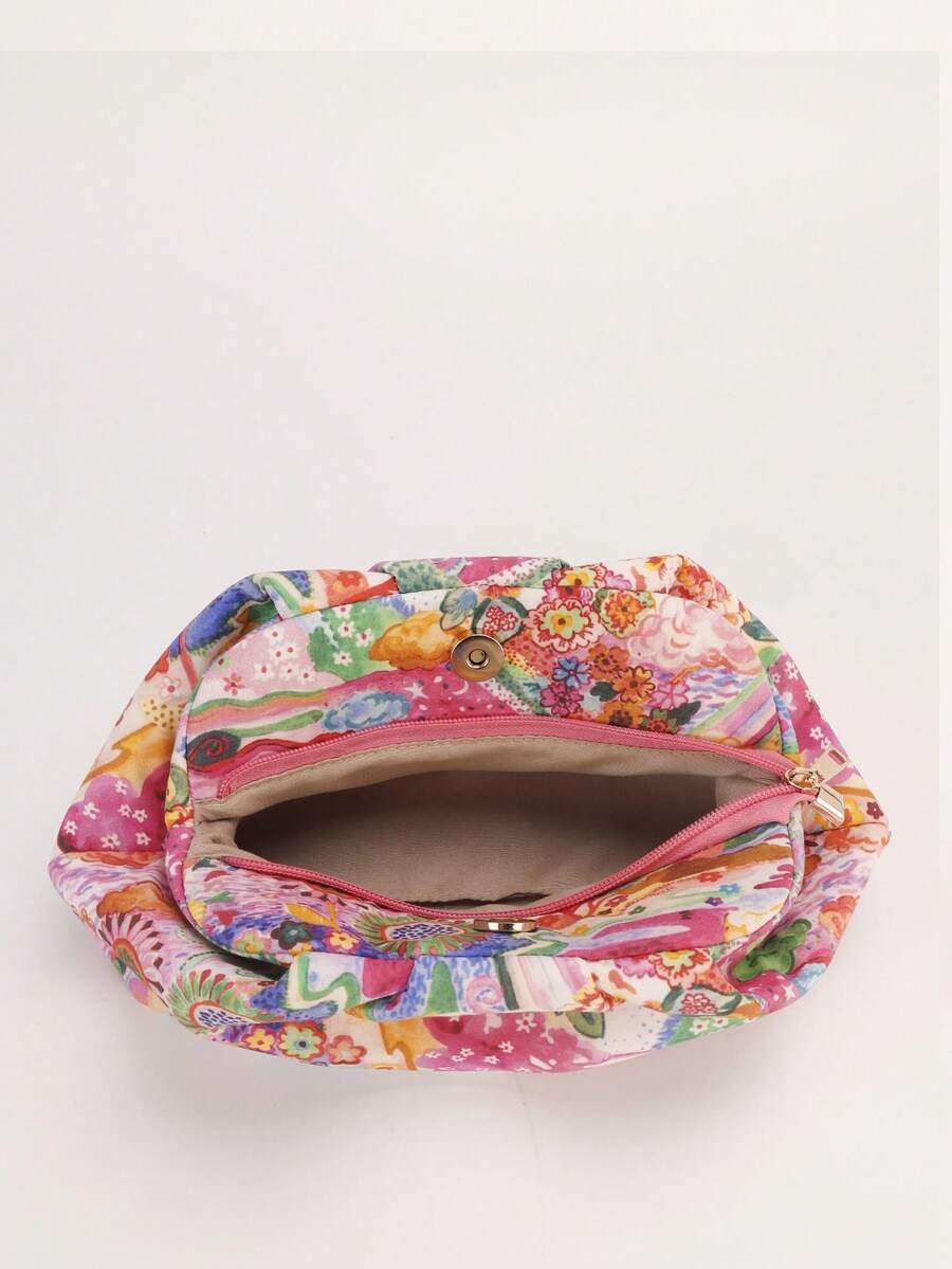 Open multicolor fabric clutch pouch showing pink zipper magnetic snap beige fabric lining and wide interior